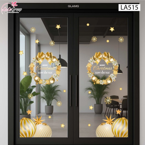 Combo Decal Trang Trí Noel Vòng Nguyệt Quế Và Những Quả Châu Vàng Lấp Lánh