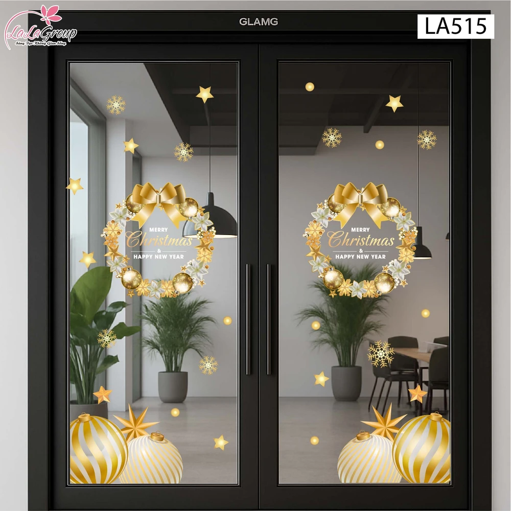 Combo Decal Trang Trí Noel Vòng Nguyệt Quế Và Những Quả Châu Vàng Lấp Lánh