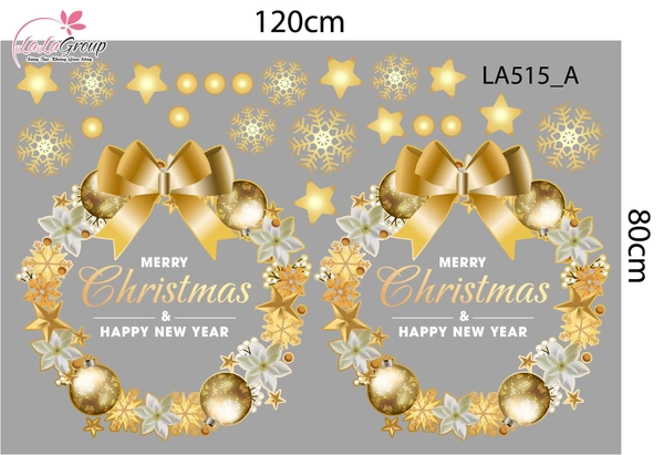 Combo Decal Trang Trí Noel Vòng Nguyệt Quế Và Những Quả Châu Vàng Lấp Lánh