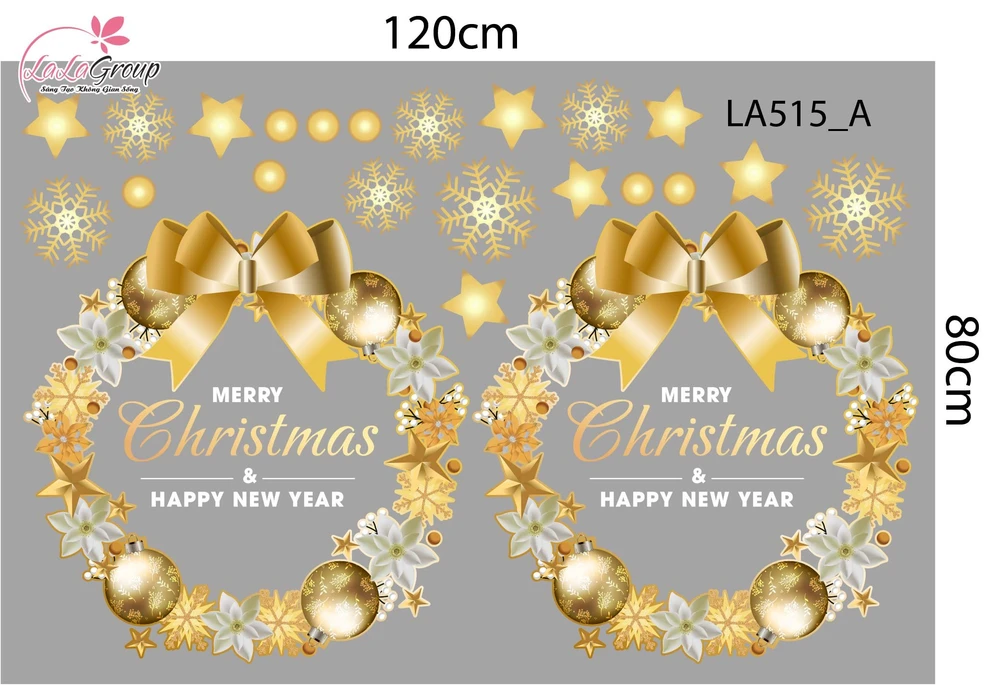Combo Decal Trang Trí Noel Vòng Nguyệt Quế Và Những Quả Châu Vàng Lấp Lánh