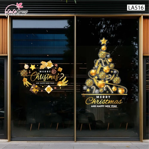 Combo Decal Trang Trí Noel Merry Christmas Và Cây Thông Trang Trí Lung Linh Sắc Vàng