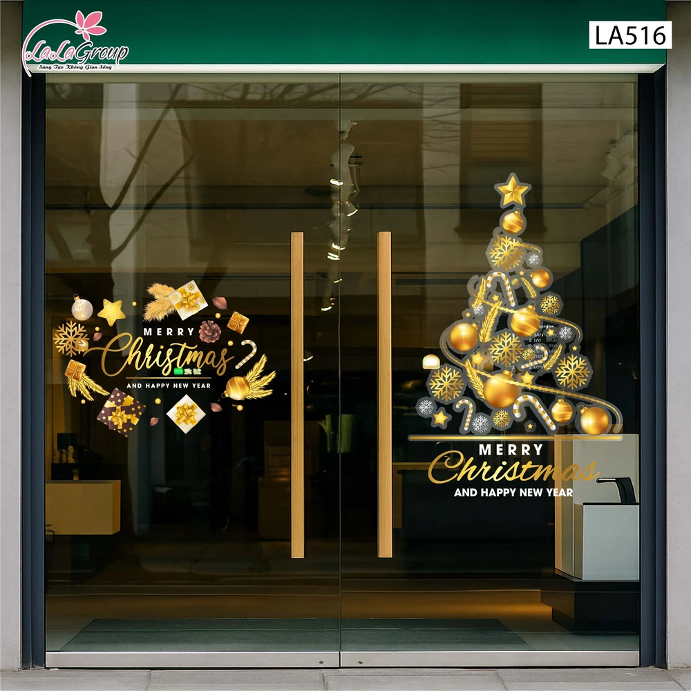 Combo Decal Trang Trí Noel Merry Christmas Và Cây Thông Trang Trí Lung Linh Sắc Vàng