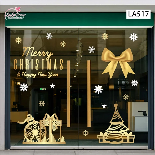 Combo Decal Trang Trí Noel Nơ Và Cây Thông Vàng Lung Linh