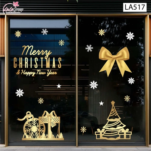 Combo Decal Trang Trí Noel Nơ Và Cây Thông Vàng Lung Linh