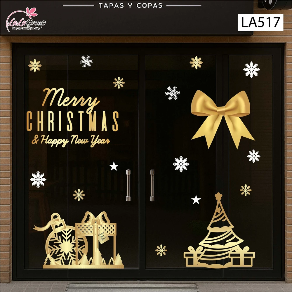 Combo Decal Trang Trí Noel Nơ Và Cây Thông Vàng Lung Linh