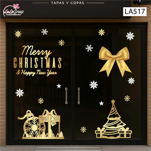 Combo Decal Trang Trí Noel Nơ Và Cây Thông Vàng Lung Linh