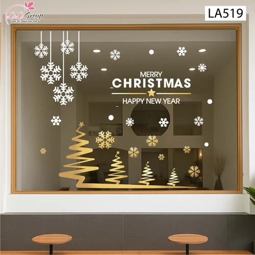 Combo Decal Trang Trí Noel Cây Thông Vàng Và Những Bông Tuyết Trắng