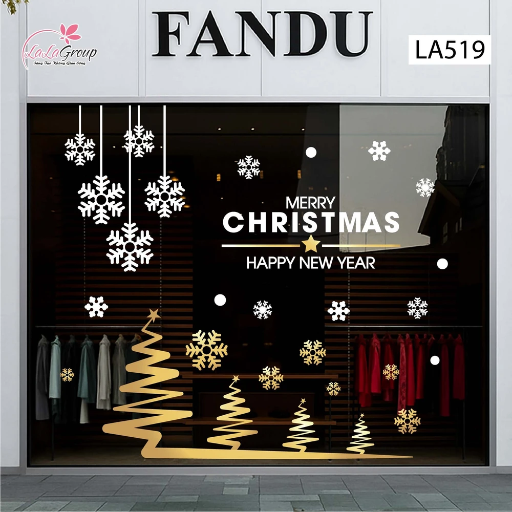 Combo Decal Trang Trí Noel Cây Thông Vàng Và Những Bông Tuyết Trắng