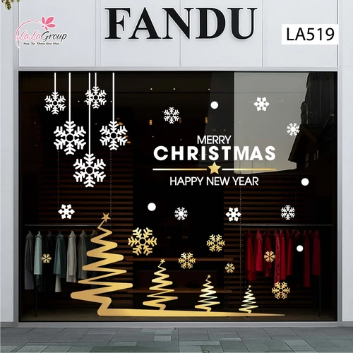 Combo Decal Trang Trí Noel Cây Thông Vàng Và Những Bông Tuyết Trắng