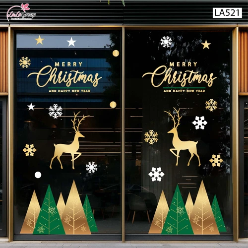 Combo Decal Trang Trí Noel Những Cây Thông Sắc Màu Và Đôi Tuần Lộc Vàng