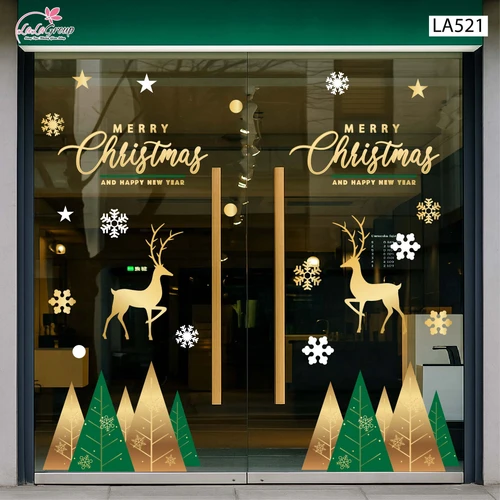 Combo Decal Trang Trí Noel Những Cây Thông Sắc Màu Và Đôi Tuần Lộc Vàng