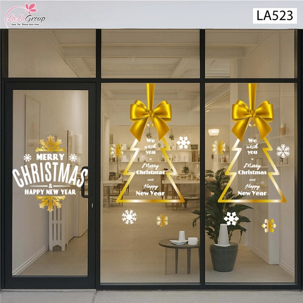 Combo Decal Trang Trí Noel Merry Christmas Và Cây Thông Nơ Vàng