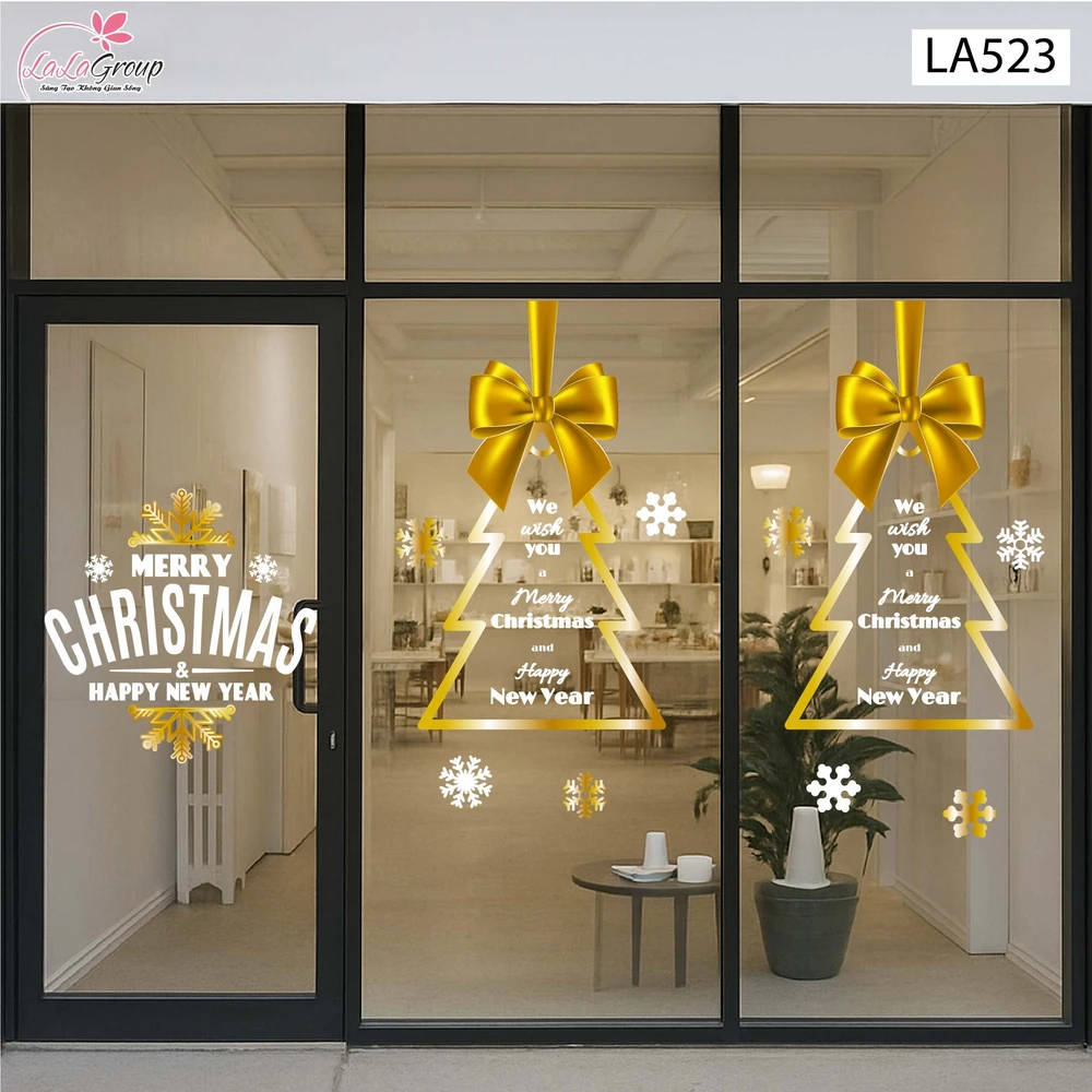 Combo Decal Trang Trí Noel Merry Christmas Và Cây Thông Nơ Vàng