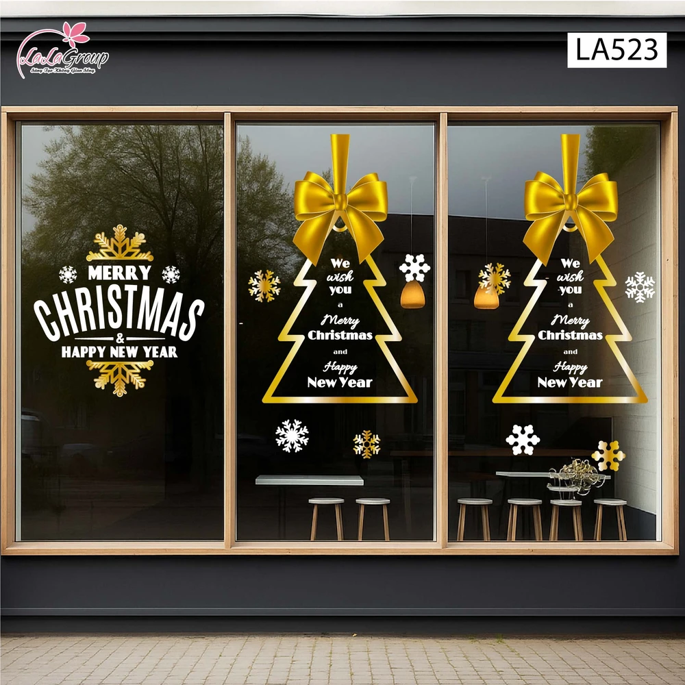 Combo Decal Trang Trí Noel Merry Christmas Và Cây Thông Nơ Vàng