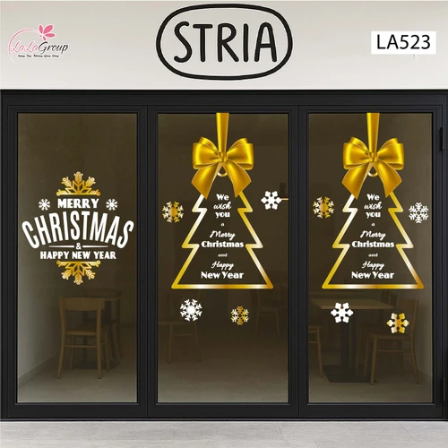 Combo Decal Trang Trí Noel Merry Christmas Và Cây Thông Nơ Vàng