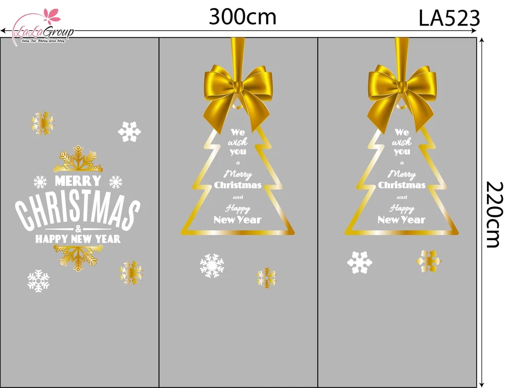 Combo Decal Trang Trí Noel Merry Christmas Và Cây Thông Nơ Vàng