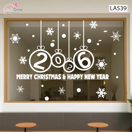 Decal trang trí Noel Merry christmas & Happy new year 2026 chữ trắng