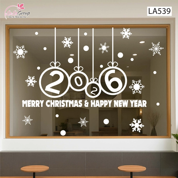 Decal trang trí Noel Merry christmas & Happy new year 2026 chữ trắng