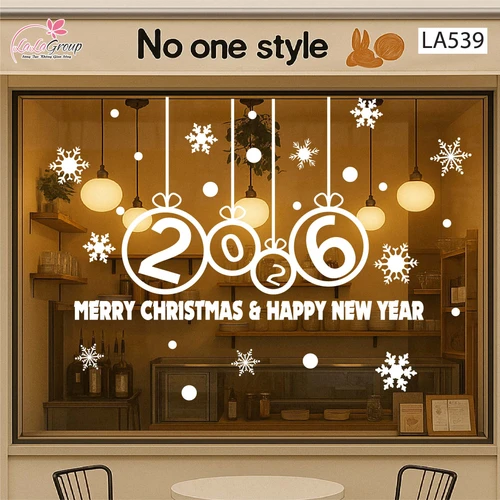 Decal trang trí Noel Merry christmas & Happy new year 2026 chữ trắng