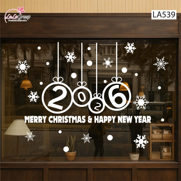 Decal trang trí Noel Merry christmas & Happy new year 2026 chữ trắng