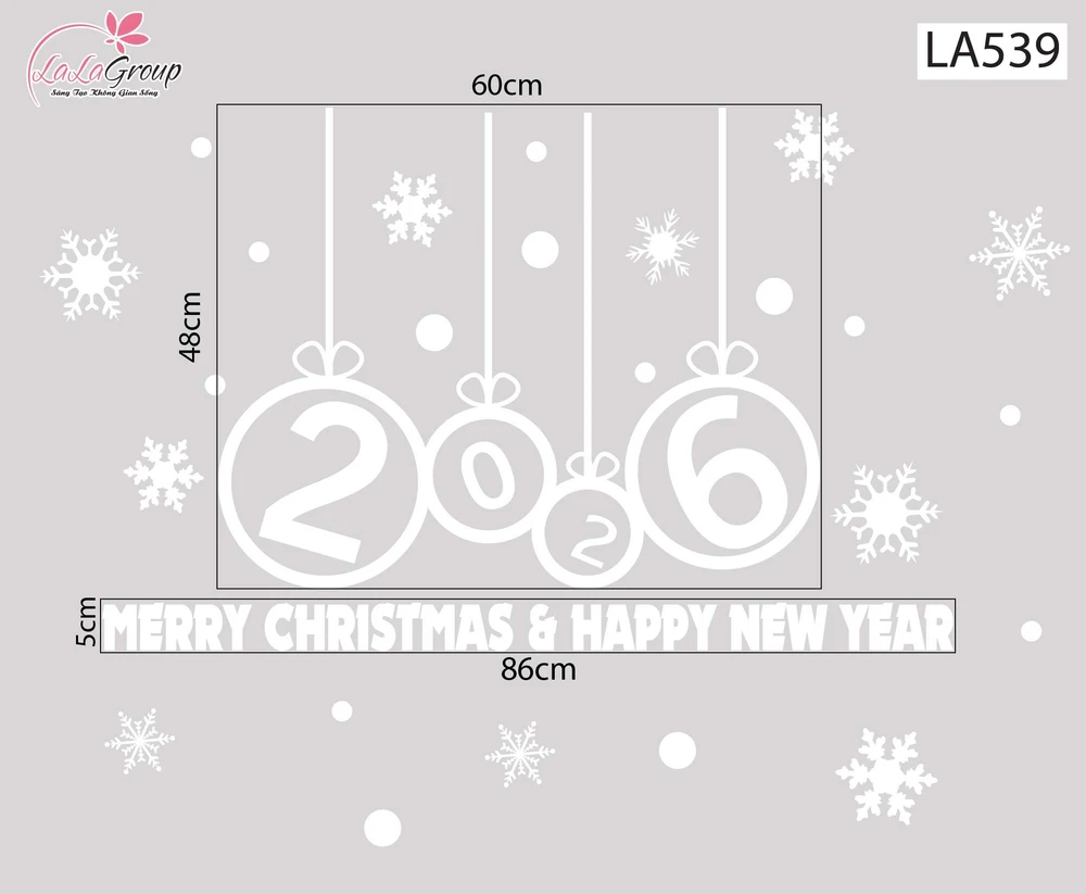 Decal trang trí Noel Merry christmas & Happy new year 2026 chữ trắng