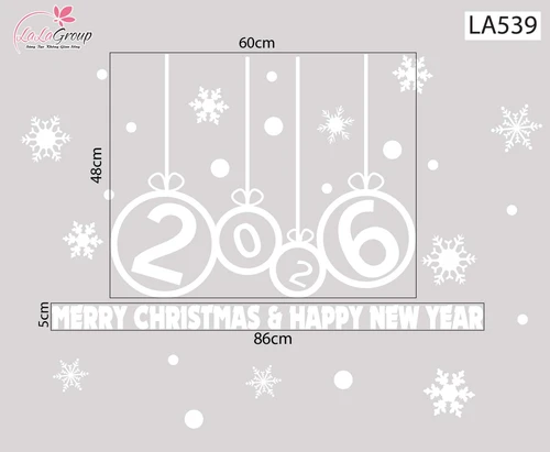 Decal trang trí Noel Merry christmas & Happy new year 2026 chữ trắng