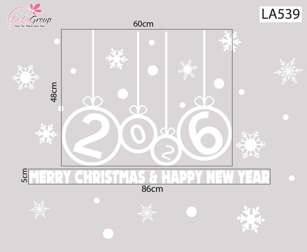 Decal trang trí Noel Merry christmas & Happy new year 2026 chữ trắng