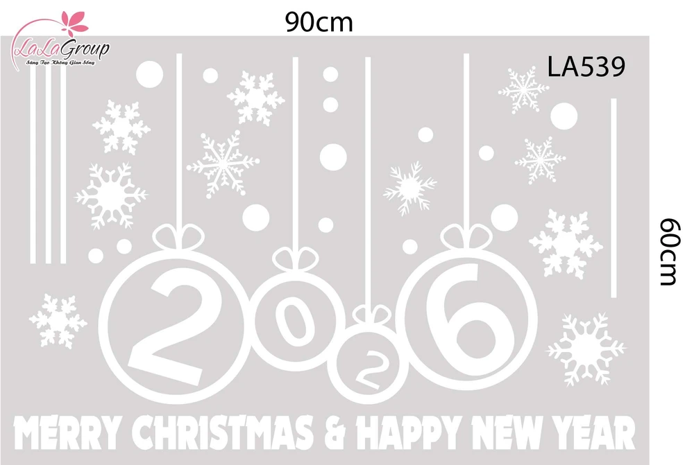 Decal trang trí Noel Merry christmas & Happy new year 2026 chữ trắng