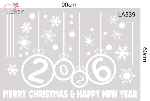 Decal trang trí Noel Merry christmas & Happy new year 2026 chữ trắng
