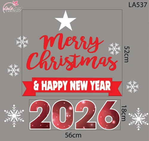 Decal trang trí Noel Merry christmas & Happy new year 2026 chữ đỏ