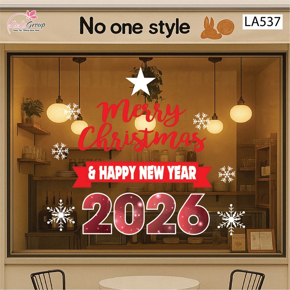 Decal trang trí Noel Merry christmas & Happy new year 2026 chữ đỏ