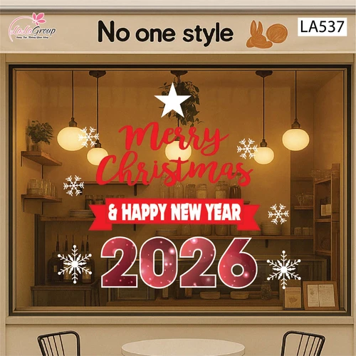 Decal trang trí Noel Merry christmas & Happy new year 2026 chữ đỏ