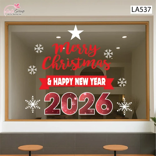 Decal trang trí Noel Merry christmas & Happy new year 2026 chữ đỏ