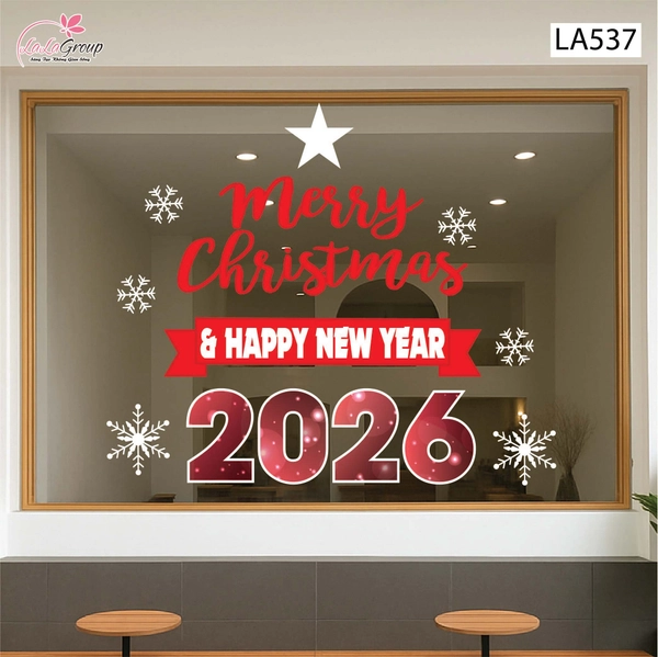 Decal trang trí Noel Merry christmas & Happy new year 2026 chữ đỏ