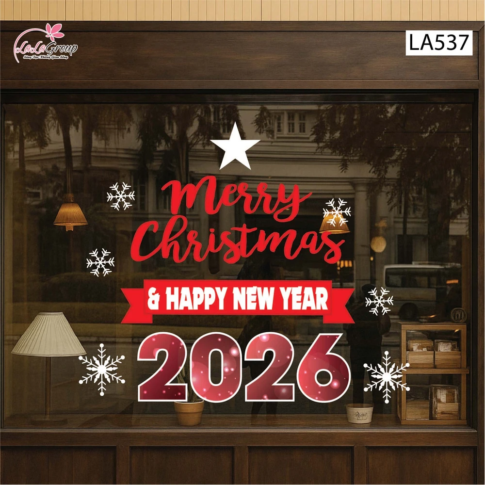 Decal trang trí Noel Merry christmas & Happy new year 2026 chữ đỏ
