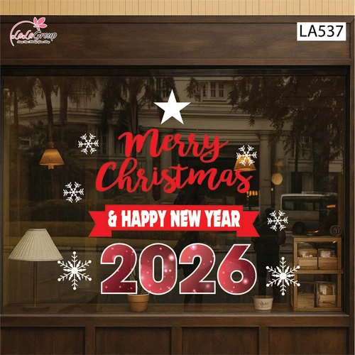 Decal trang trí Noel Merry christmas & Happy new year 2026 chữ đỏ