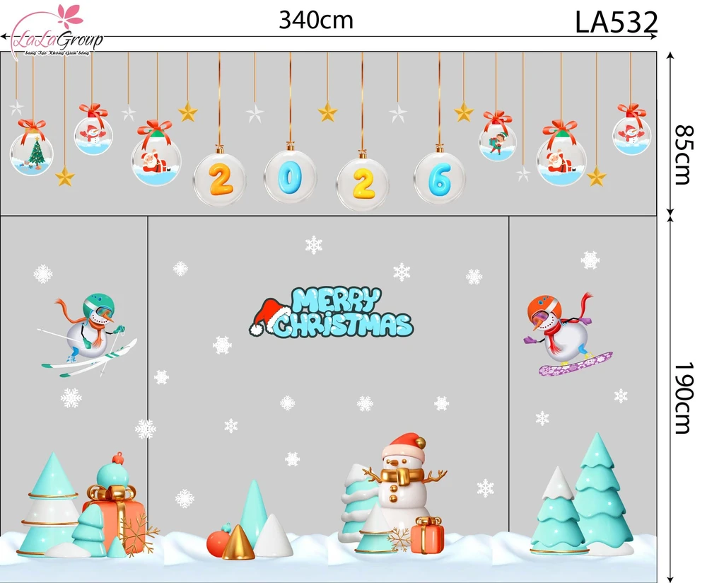 Combo Decal Trang Trí Noel Dây Treo Quả Cầu Thủy Tinh Và Cây Thông Xanh Mint