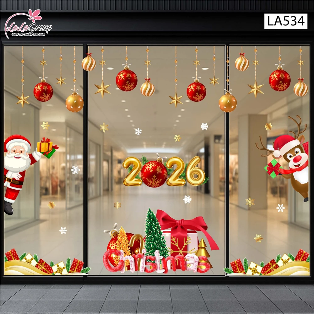 Combo Decal Trang Trí Noel Merry Christmas Ông Già Noel Và Chú Tuần Lộc Phát Quà