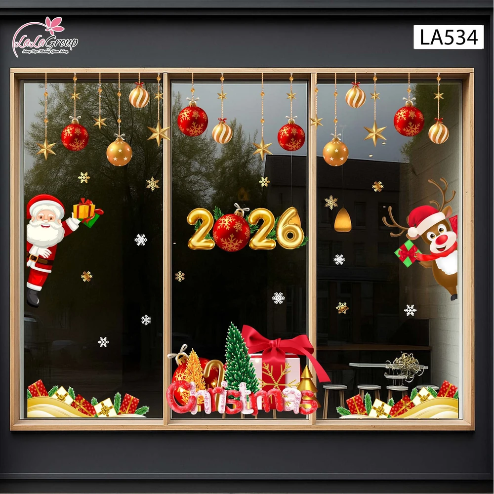Combo Decal Trang Trí Noel Merry Christmas Ông Già Noel Và Chú Tuần Lộc Phát Quà
