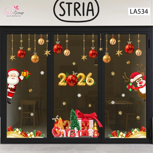 Combo Decal Trang Trí Noel Merry Christmas Ông Già Noel Và Chú Tuần Lộc Phát Quà