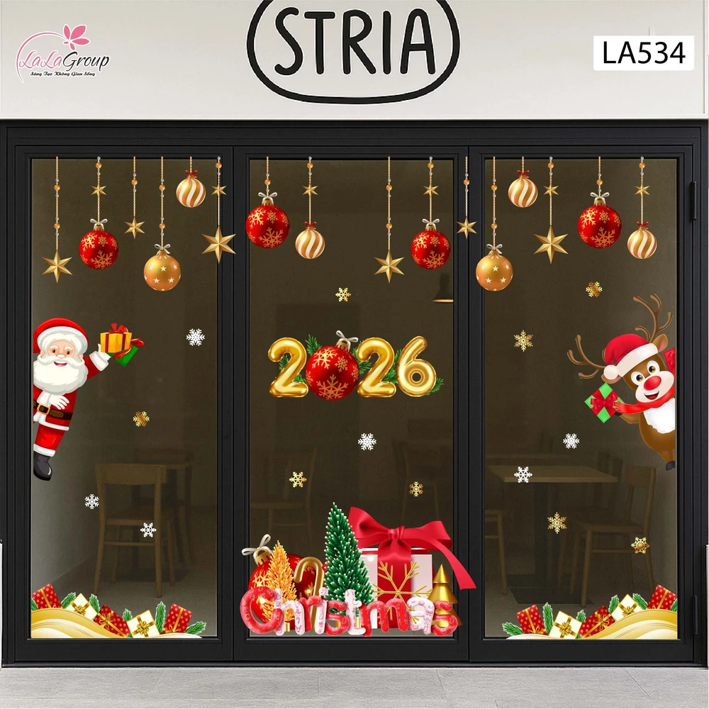 Combo Decal Trang Trí Noel Merry Christmas Ông Già Noel Và Chú Tuần Lộc Phát Quà