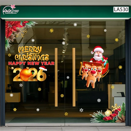 Combo Decal Trang Trí Noel Merry Christmas Ông Già Noel Cưỡi Tuần Lộc Đón Giáng Sinh