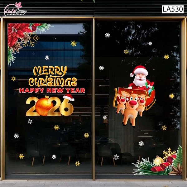 Combo Decal Trang Trí Noel Merry Christmas Ông Già Noel Cưỡi Tuần Lộc Đón Giáng Sinh