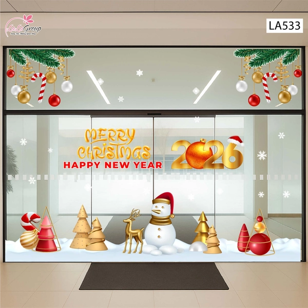 Combo Decal Trang Trí Noel Merry Christmas Người Tuyết Và Tuần Lộc Vàng