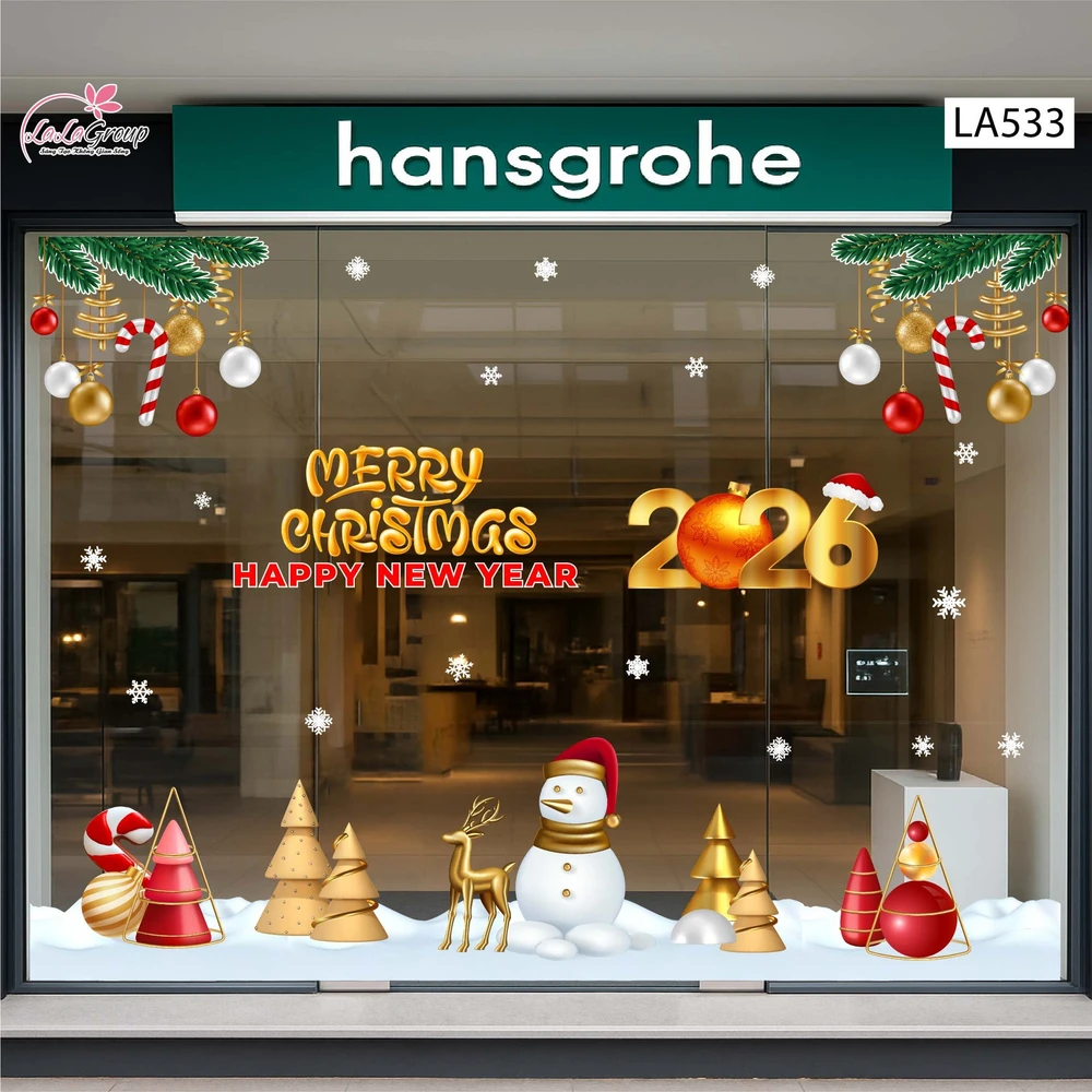 Combo Decal Trang Trí Noel Merry Christmas Người Tuyết Và Tuần Lộc Vàng