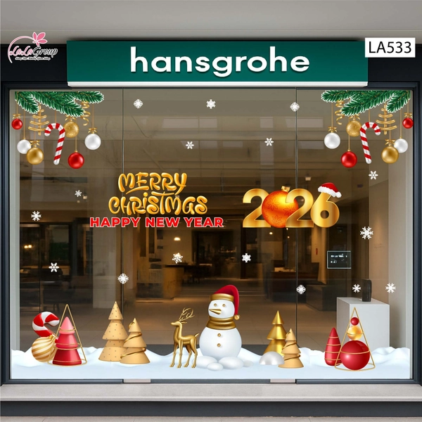 Combo Decal Trang Trí Noel Merry Christmas Người Tuyết Và Tuần Lộc Vàng