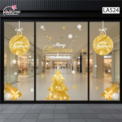 Combo Decal Trang Trí Noel Cây Thông Vàng Và Quả Châu Merry Christmas