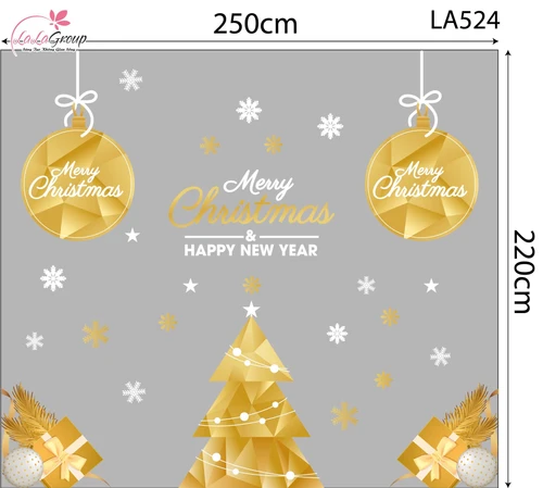 Combo Decal Trang Trí Noel Cây Thông Vàng Và Quả Châu Merry Christmas