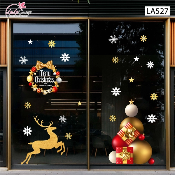 Combo Decal Trang Trí Noel Vòng Nguyệt Quế Sắc Màu Và Tuần Lộc Vàng