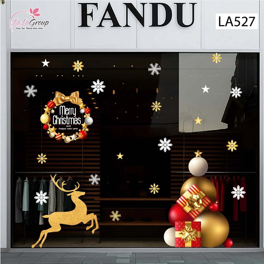 Combo Decal Trang Trí Noel Vòng Nguyệt Quế Sắc Màu Và Tuần Lộc Vàng